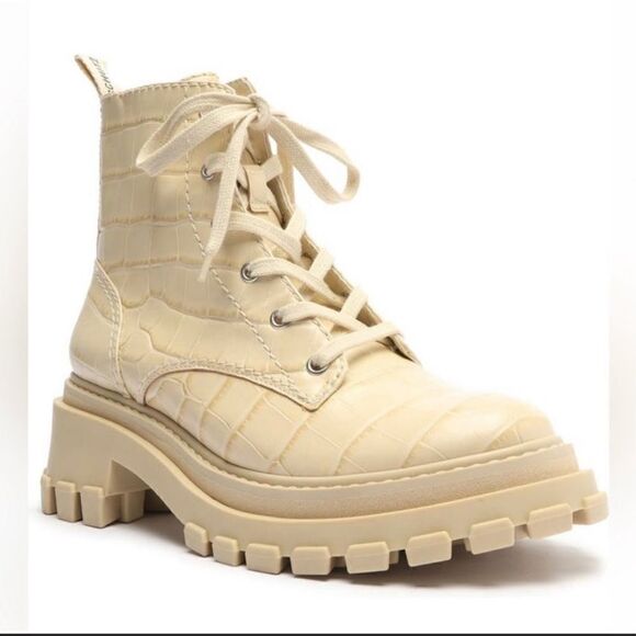 Schutz Orly Croc-Embossed Leather Combat Boot Booties Eggshell Women’s Size 9.5B - Picture 2 of 13